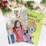 Mid Century Retro Magical Elf 1 Photo Christmas Foil Holiday Card<br><div class="desc">Your family photo shines with REAL metallic foil snowflakes and text in your choice of gold, rose gold, or silver on the front of this personalised card. The fun Christmas design on the back was created using my hand painted mixed media elf with quirky details and a green background with...</div>