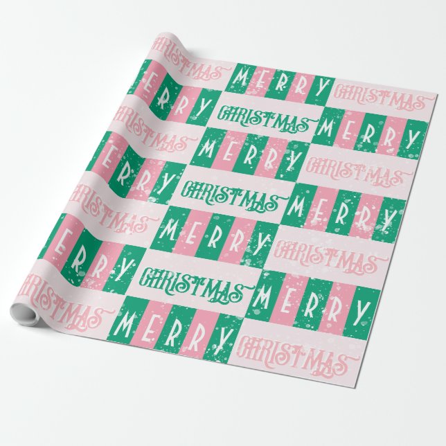 Mid-Century Retro Merry Christmas Pink Green Wrapping Paper (Unrolled)