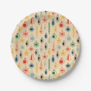 Mid Century Retro Pattern with Christmas Tree Toys Paper Plate