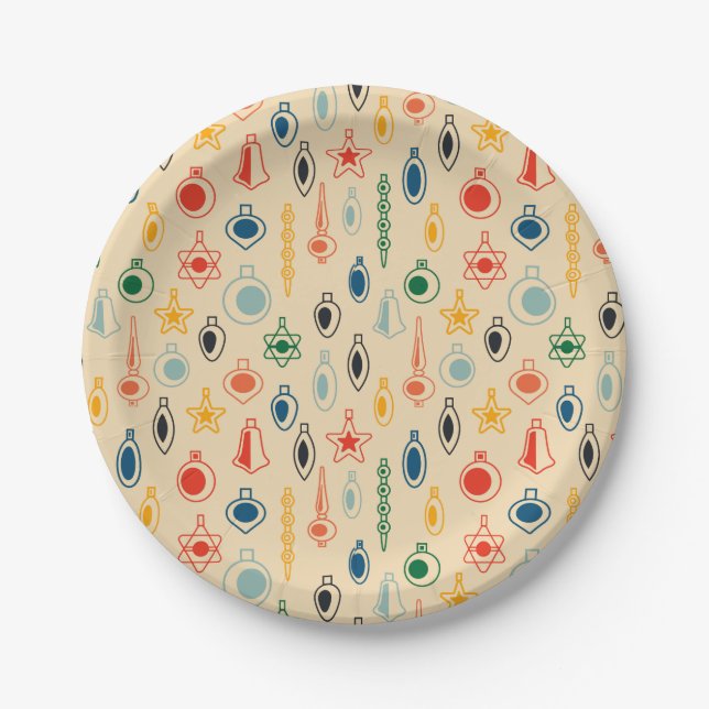 Mid Century Retro Pattern with Christmas Tree Toys Paper Plate (Front)