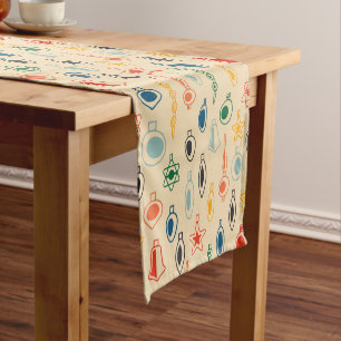 Mid Century Retro Pattern with Christmas Tree Toys Short Table Runner