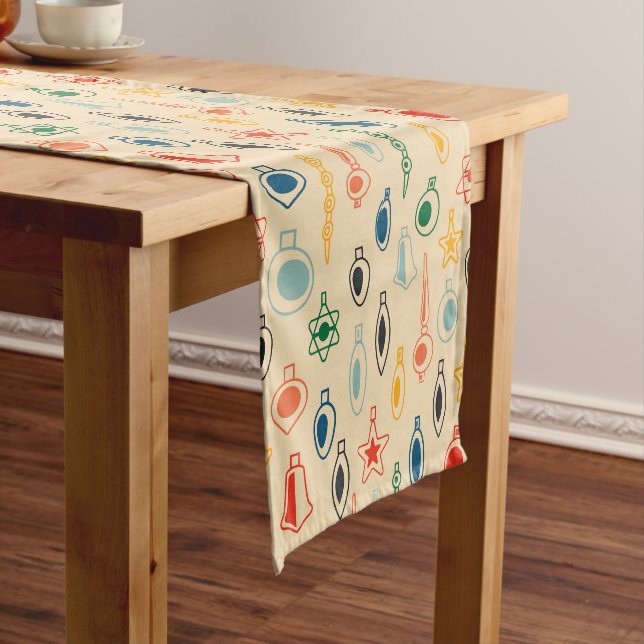 Mid Century Retro Pattern with Christmas Tree Toys Short Table Runner (In Situ)