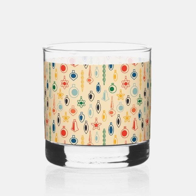 Mid Century Retro Pattern with Christmas Tree Toys Whiskey Glass (Back)