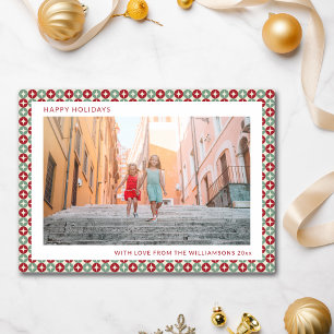 Mid Century Retro Red Sage Green Unique Two Photo  Holiday Card