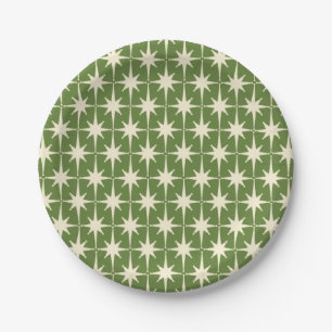 Mid-century Retro Starbursts Green Cream Pattern Paper Plate