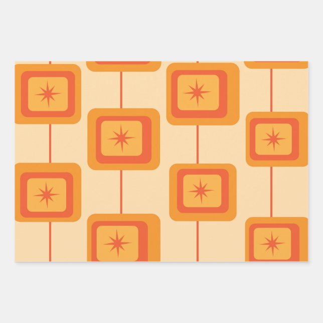 Mid Century Retro Starbursts on Abstract Squares  Wrapping Paper Sheet (Front)