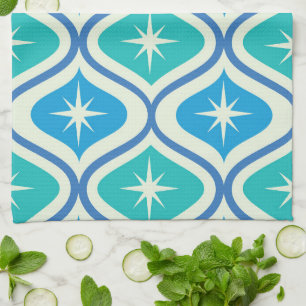Mid Century Retro Starbursts On Blue Ogee Pattern Tea Towel