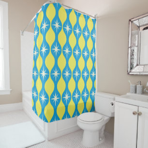 Mid Century Retro Starbursts on Blue Yellow Ogee  Shower Curtain