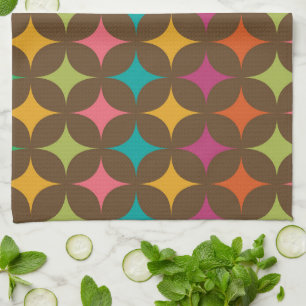 Mid Century Retro Starbursts on Brown Pattern Tea Towel