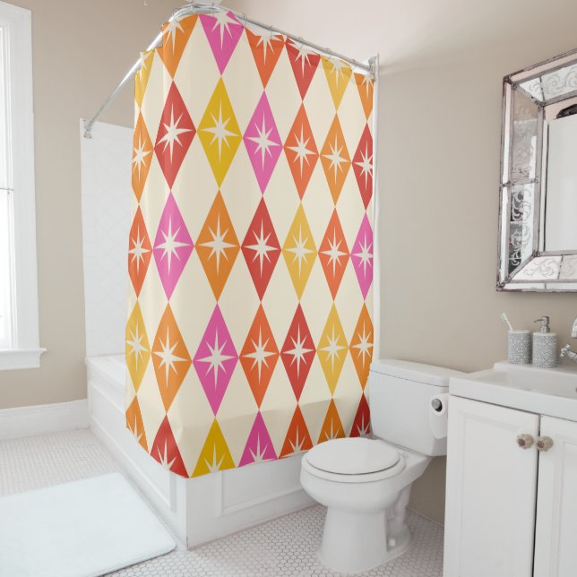 Mid century Retro starbursts on Colourful diamonds Shower Curtain (In Situ)