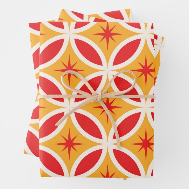Mid Century Retro Starbursts on Geometric Circles  Wrapping Paper Sheet (In situ)