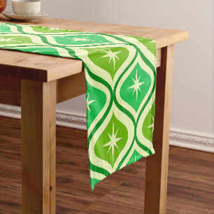 Mid Century Retro Starbursts On Green Ogee Pattern Short Table Runner