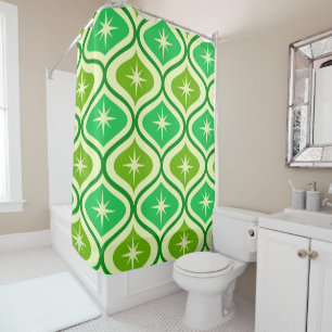 Mid Century Retro Starbursts On Green Ogee Pattern Shower Curtain