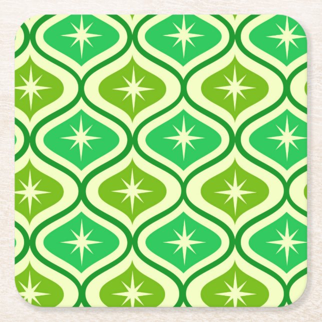 Mid Century Retro Starbursts On Green Ogee Pattern Square Paper Coaster (Front)