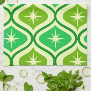 Mid Century Retro Starbursts On Green Ogee Pattern Tea Towel