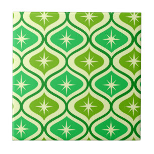 Mid Century Retro Starbursts On Green Ogee Pattern Tile