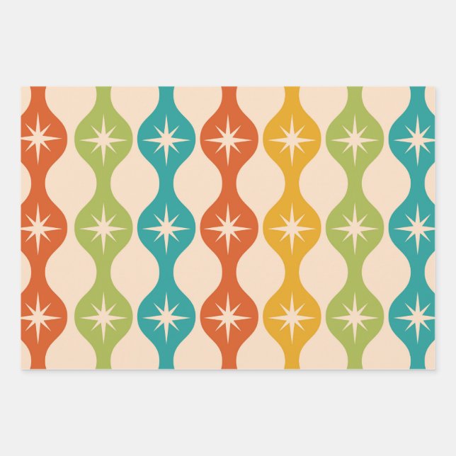 Mid Century Retro Starbursts on ogee pattern   Wrapping Paper Sheet (Front 2)