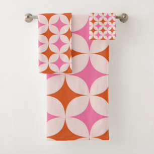 Mid Century Retro Starbursts Pattern Orange Pink  Bath Towel Set