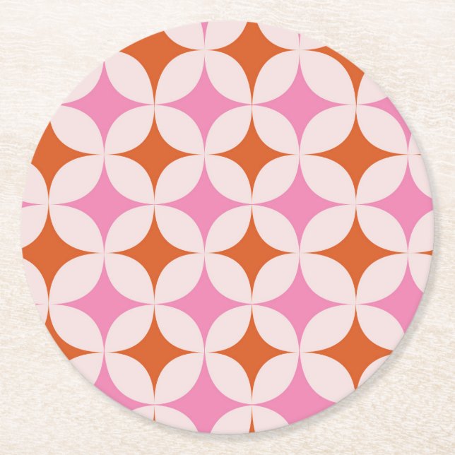 Mid Century Retro Starbursts Pattern Orange Pink  Round Paper Coaster (Front)