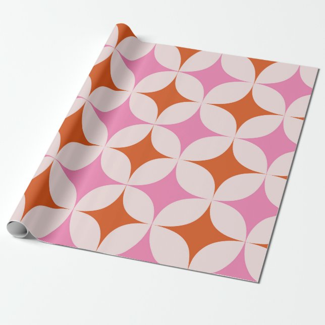 Mid Century Retro Starbursts Pattern Orange Pink  Wrapping Paper (Unrolled)