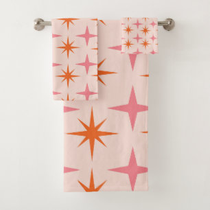 Mid Century Retro Starbursts Pattern Pink Orange  Bath Towel Set