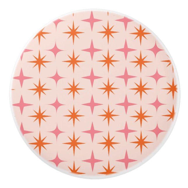 Mid Century Retro Starbursts Pattern Pink Orange  Ceramic Knob (Front)