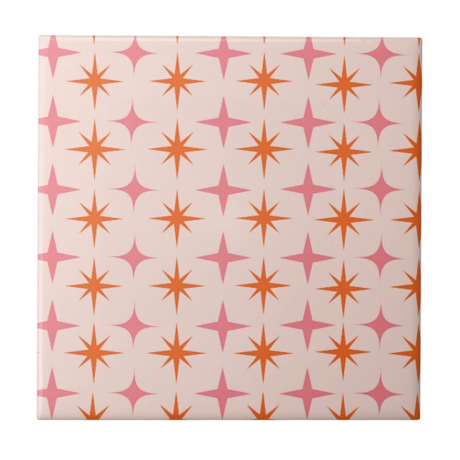 Mid Century Retro Starbursts Pattern Pink Orange  Tile (Front)