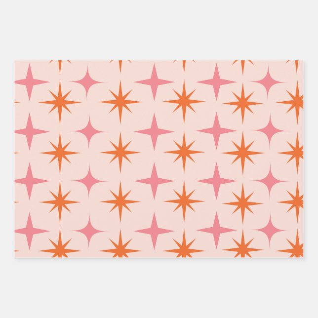 Mid Century Retro Starbursts Pattern pink orange  Wrapping Paper Sheet (Front)