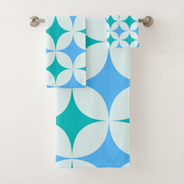 Mid Century Retro Starbursts Pattern Teal Blue Bath Towel Set (Insitu)