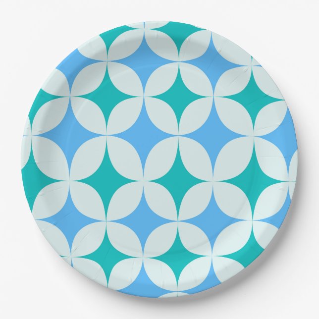 Mid Century Retro Starbursts Pattern Teal Blue Paper Plate (Front)