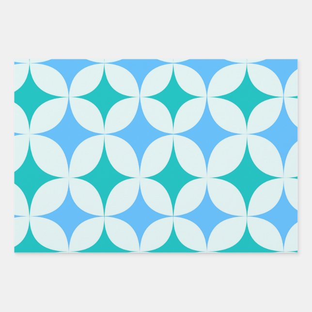 Mid Century Retro Starbursts Pattern Teal Blue Wrapping Paper Sheet (Front)