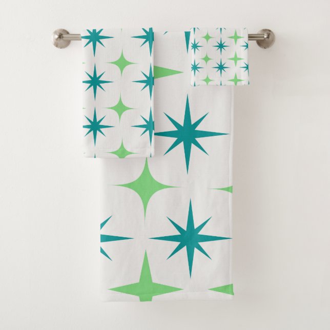 Mid Century Retro Starbursts Pattern teal green  Bath Towel Set (Insitu)