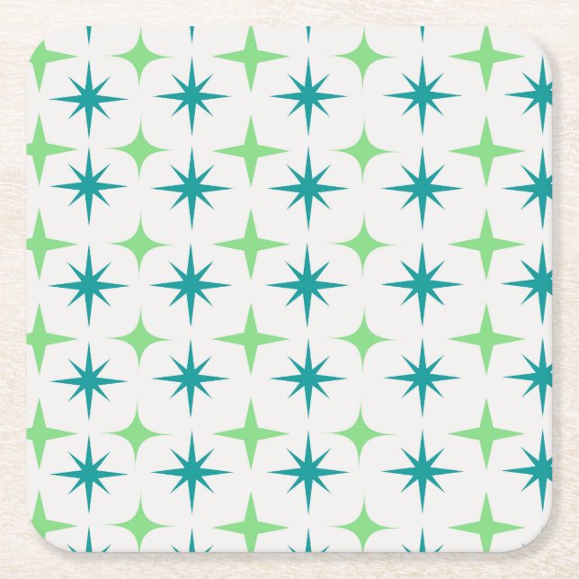 Mid Century Retro Starbursts Pattern teal green  Square Paper Coaster (Front)