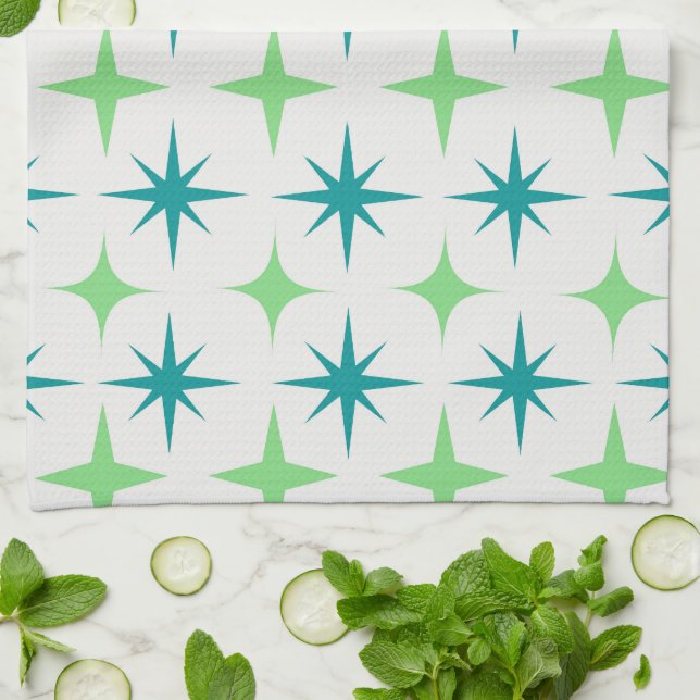 Mid Century Retro Starbursts Pattern teal green  Tea Towel (Folded)