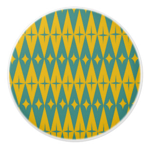 Mid Century Retro Stars on Teal Mustard Diamonds Ceramic Knob