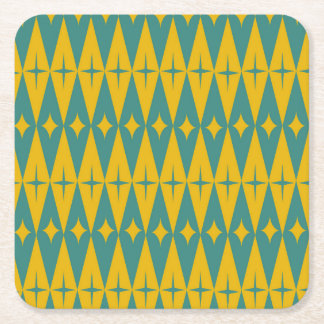 Mid Century Retro Stars on Teal Mustard Diamonds  Square Paper Coaster