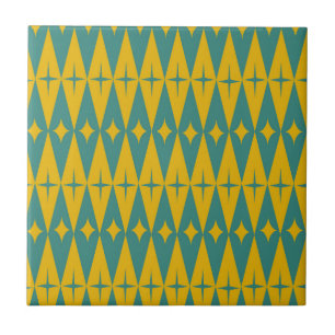 Mid Century Retro Stars on Teal Mustard Diamonds  Tile