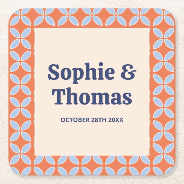 Mid Century Retro Wedding Square Paper Coaster (Front)
