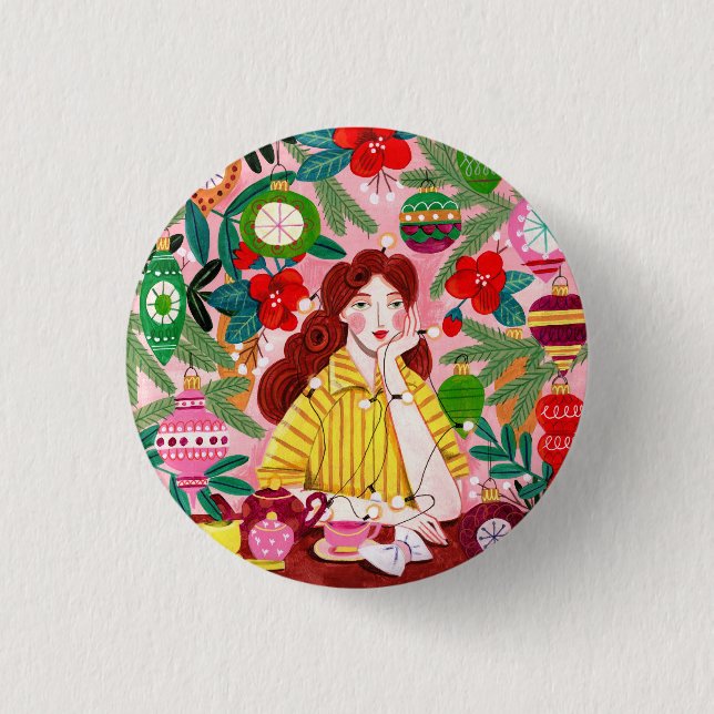 Mid Century Retro Woman Christmas Holiday 3 Cm Round Badge (Front)