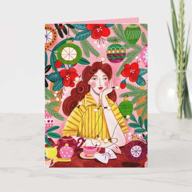 Mid Century Retro Woman Christmas Holiday Card (Front)