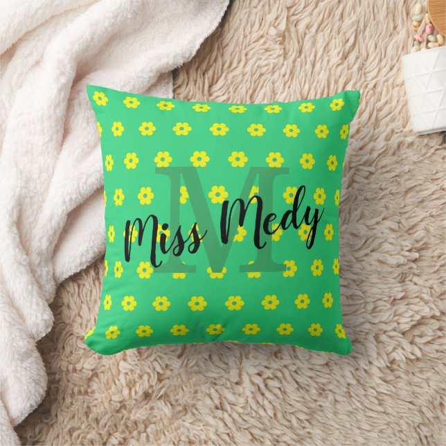 mid century retro yellow green floral Monogram Cushion (Blanket)