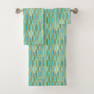 Mid-Century Ribbon Print, Blue, Turquoise and Tan Bath Towel Set