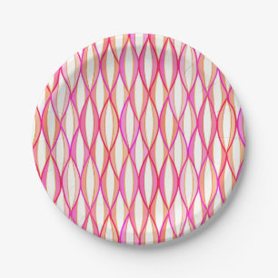 Mid-Century Ribbon Print - coral and pink Paper Plate