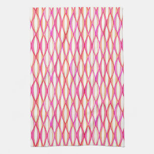 Mid-Century Ribbon Print - coral and pink Tea Towel