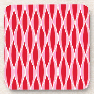 Mid-Century Ribbon Print, Deep Coral Red and Pink Coaster