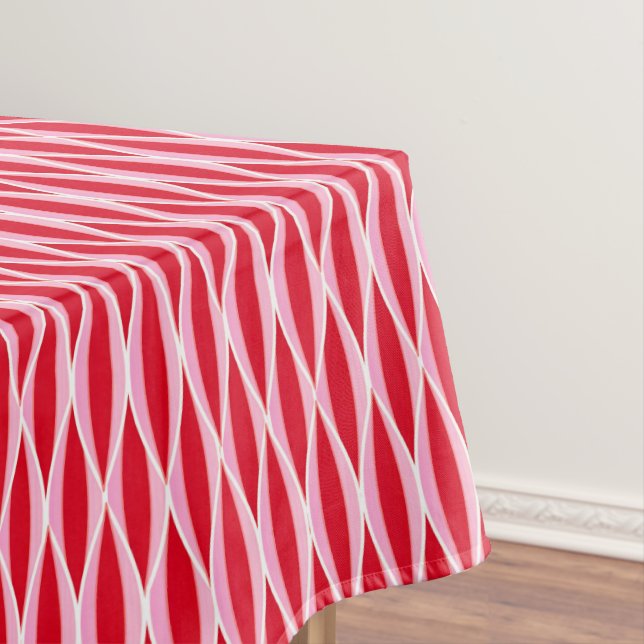 Mid-Century Ribbon Print, Deep Coral Red and Pink Tablecloth (In Situ)