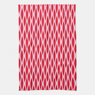 Mid-Century Ribbon Print, Deep Coral Red and Pink Tea Towel