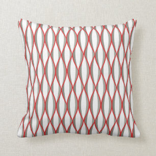 Mid-Century Ribbon Print - grey, white, red Cushion