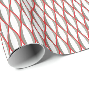 Mid-Century Ribbon Print - grey, white, red Wrapping Paper