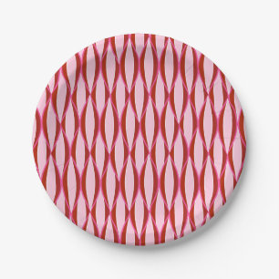 Mid-Century Ribbon Print - pink and burgundy Paper Plate
